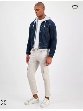 Sun & Stone | Dark Blue Denim Jacket with Gray Hoodie Layered Look